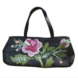 Vintage Braccialini Black Woven Purse with‎ Applique Flowers